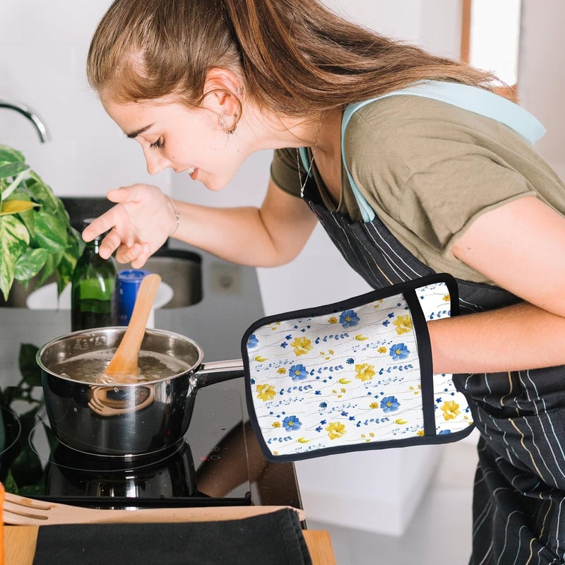 HUGANE Blue and Yellow Floral Oven Mitts Set, Blue Flower Floral Heat Resistant Kitchen Oven Gloves for Baking and Cooking,Pot Holders - Image 4